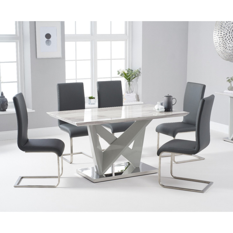 Reims 150cm Marble Effect Carrera Light Grey Dining Table With 6 Grey ...