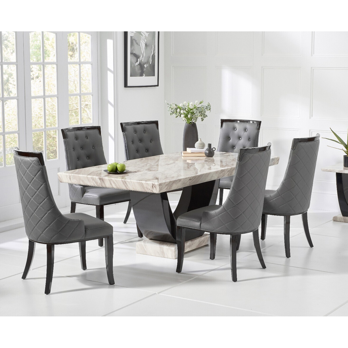 Raphael 170cm Cream and Black Pedestal Marble Dining Table With 4 Cream