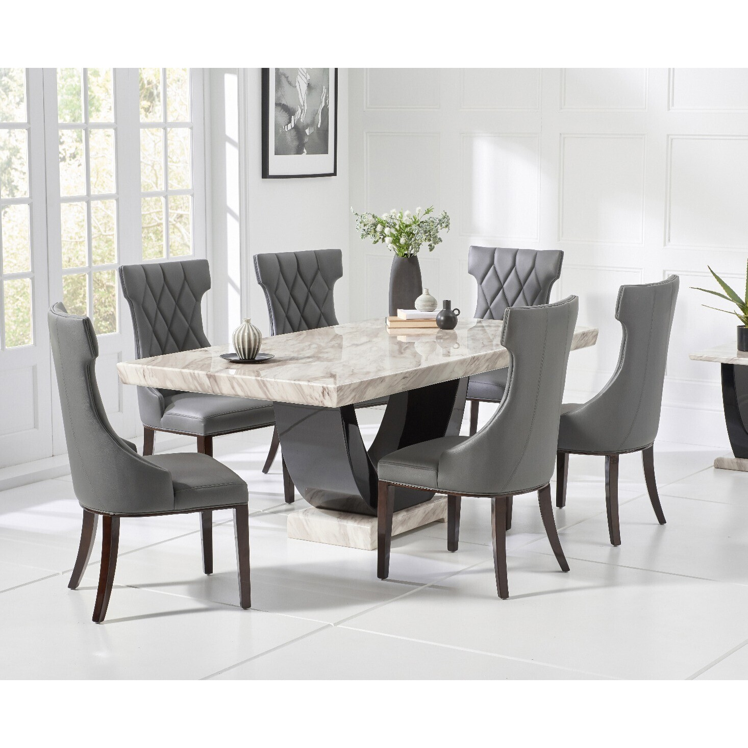 Raphael 170cm Cream and Black Pedestal Marble Dining Table With 4 Grey