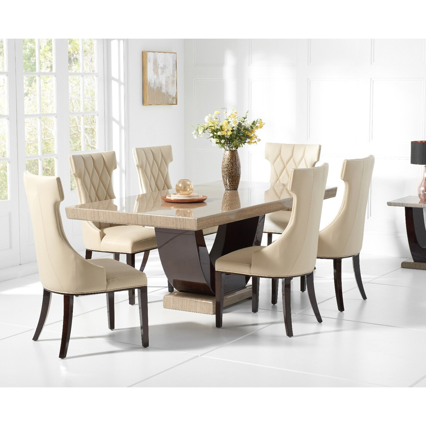 Raphael 200cm Brown Pedestal Marble Dining Table with 6 Cream Sophia