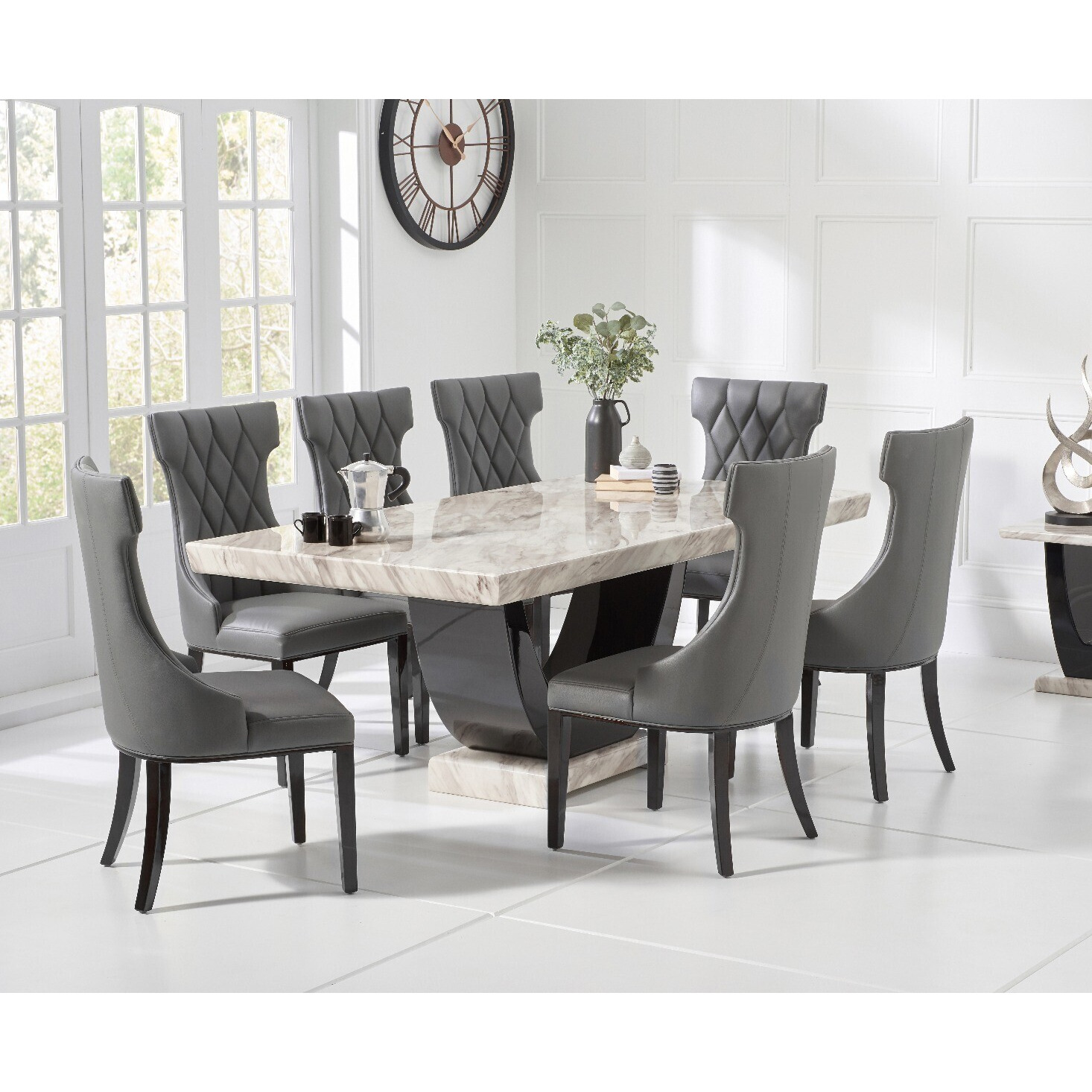 Raphael 200cm Cream and Black Pedestal Marble Dining Table With 6 Grey