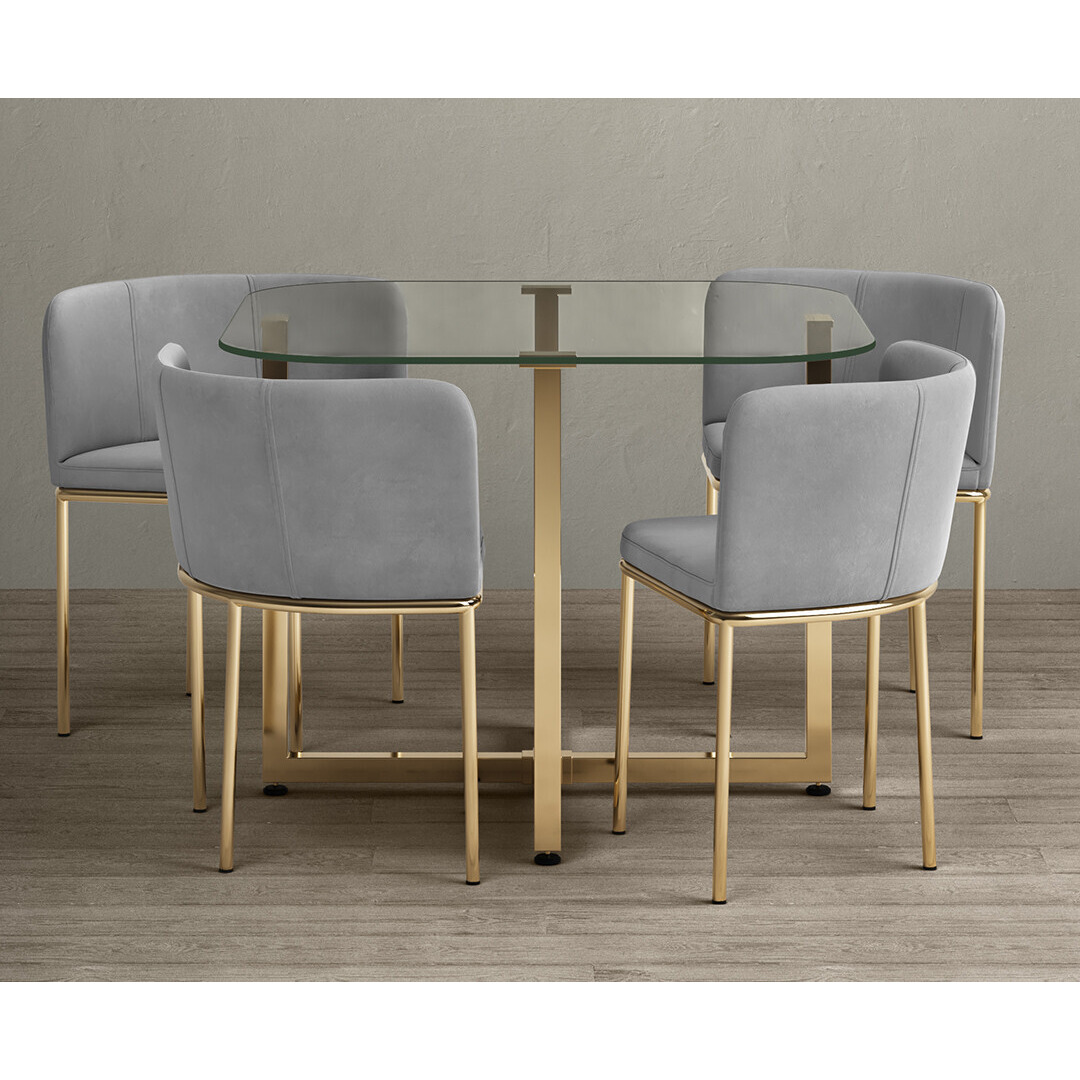 Rhodes Glass Stowaway Dining Table Gold Leg with Grey Velvet High Back