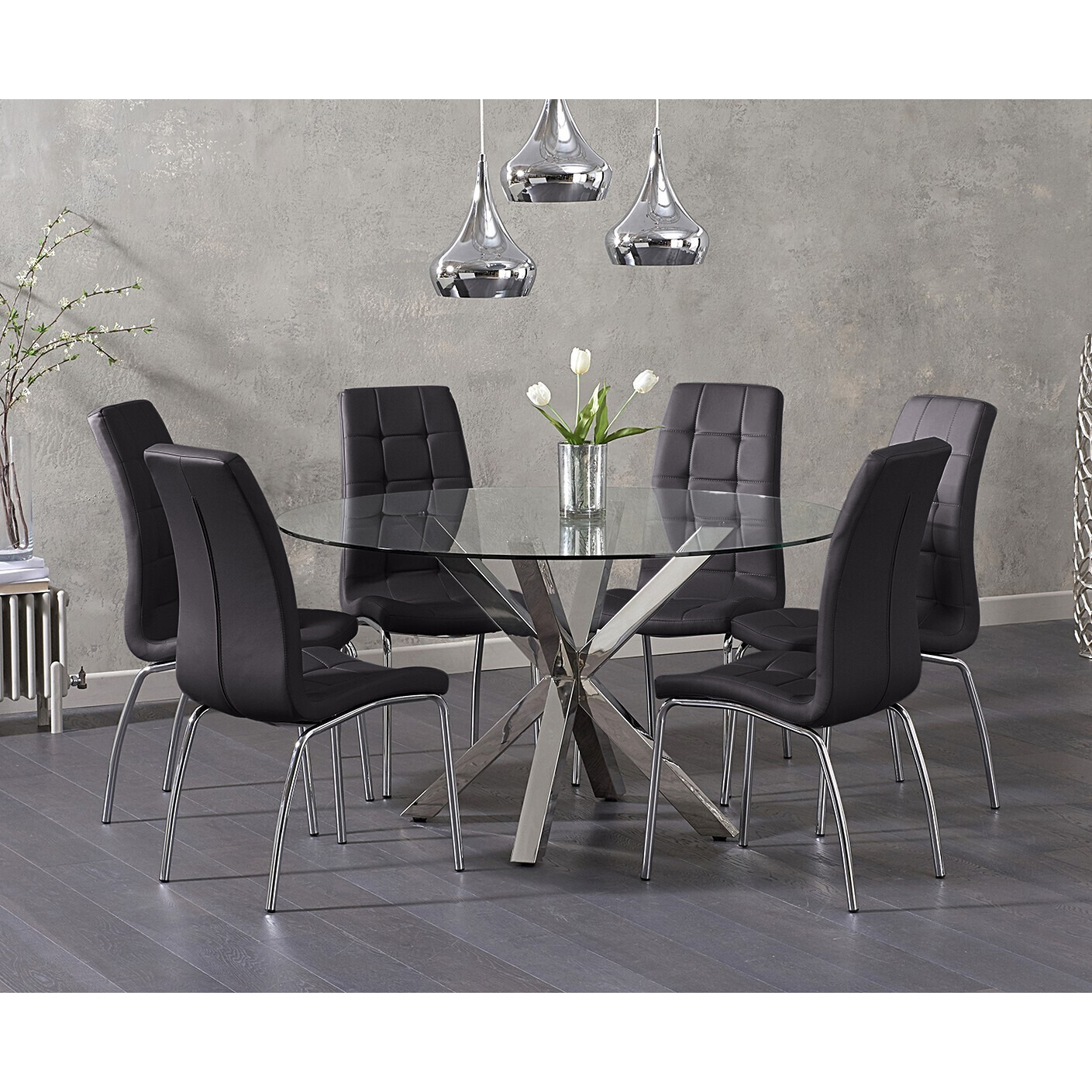 Rodin 135cm Round Glass Dining Table With 4 Black Enzo Chairs by Oak ...