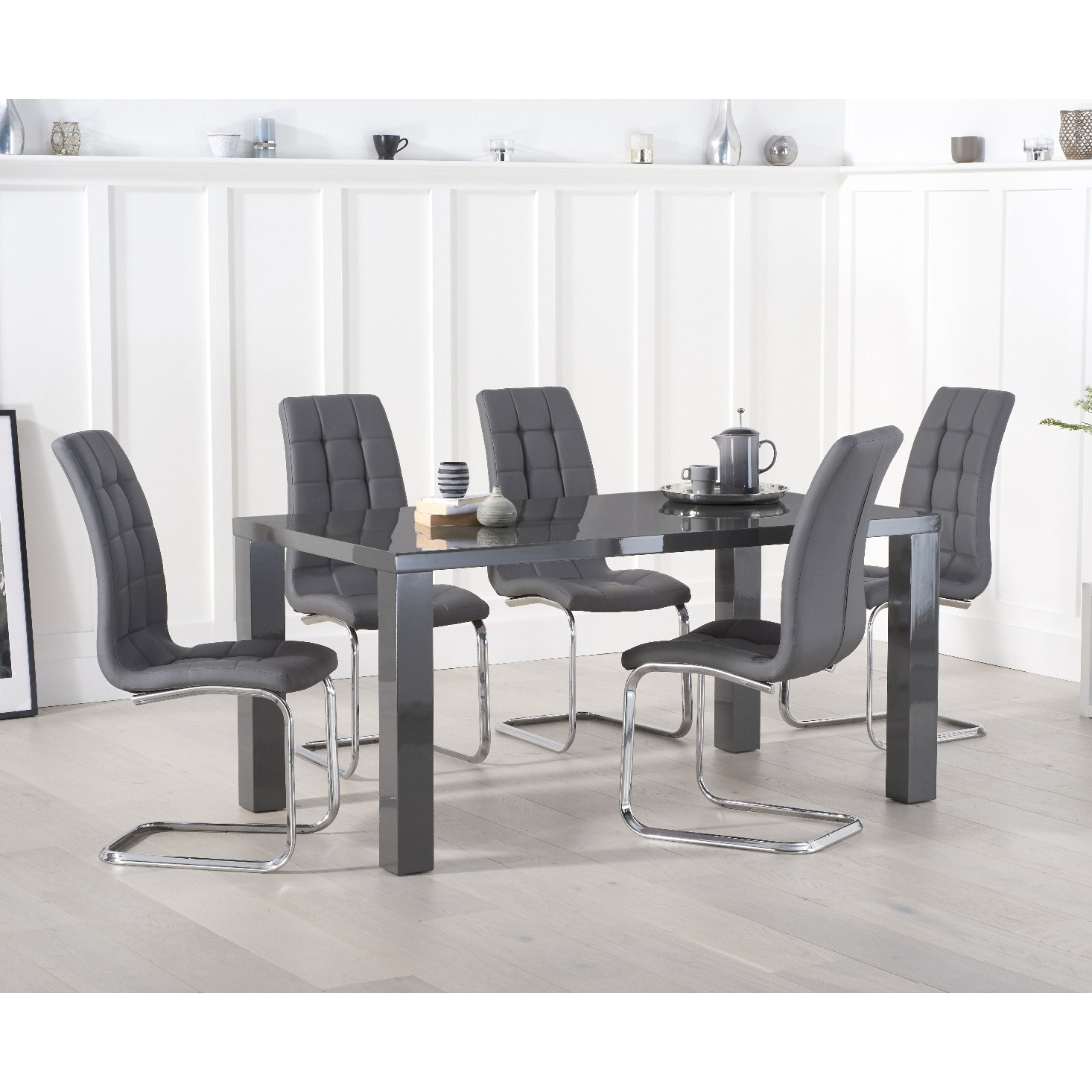 Seattle 160cm Dark Grey High Gloss Dining Table with 4 Grey Vigo Chairs by Oak Furniture ...