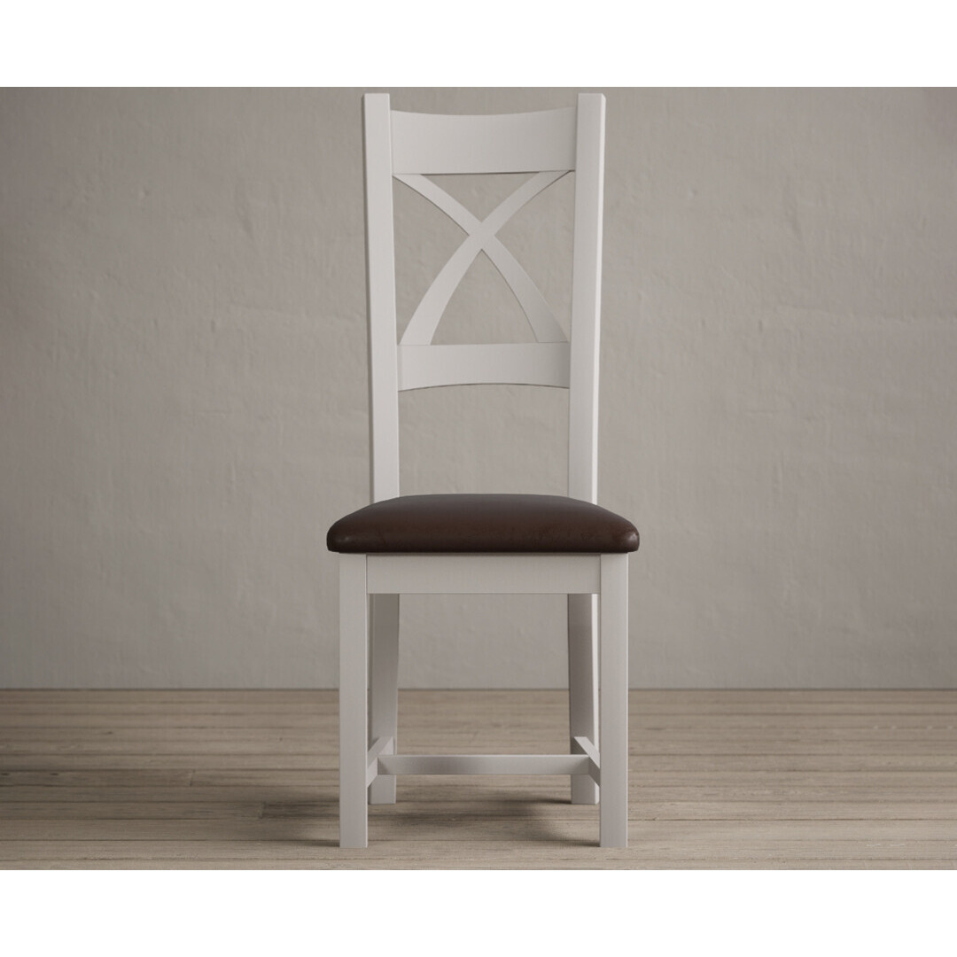 Painted Soft White X Back Dining Chairs with Brown Suede Seat Pad by