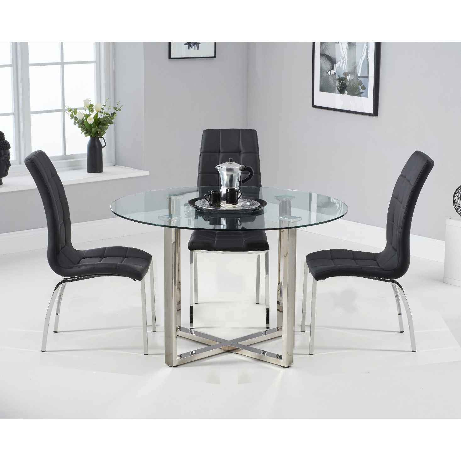 Vaso 120cm Round Glass Dining Table With 4 Red Enzo Chairs by Oak Furniture Superstore
