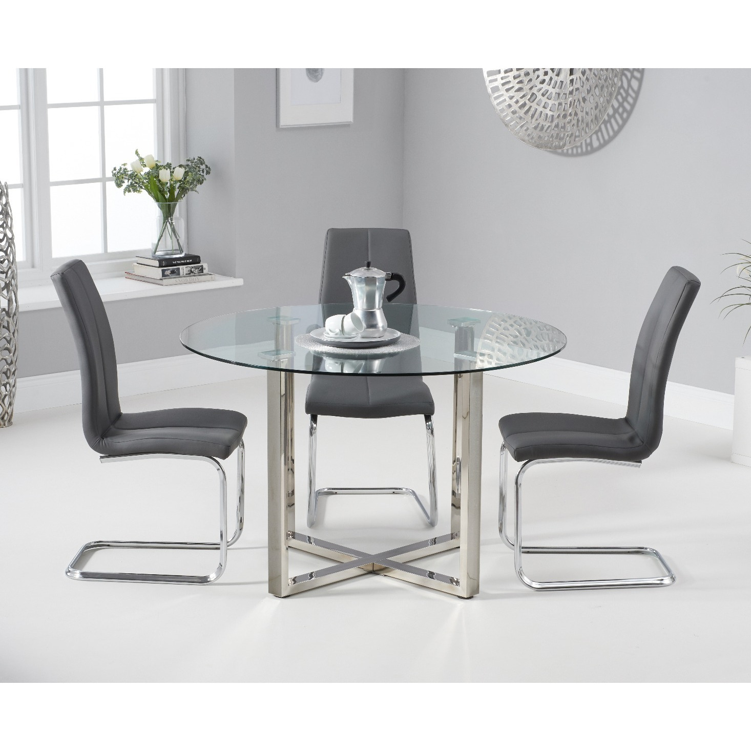Vaso 120cm Round Glass Dining Table With 4 Grey Gianni Dining Chairs by ...