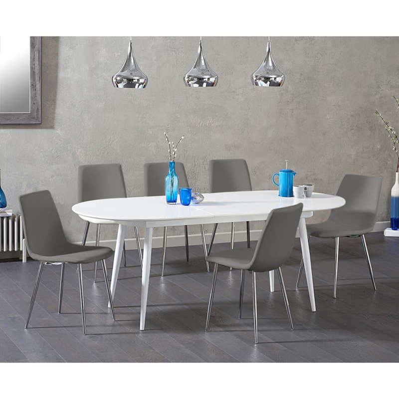 Extending Veneti White High Gloss Dining Table With 4 Grey Astrid Faux ...