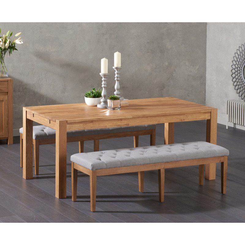 Verona 180cm Solid Oak Dining Table with Camille Grey Fabric Benches by
