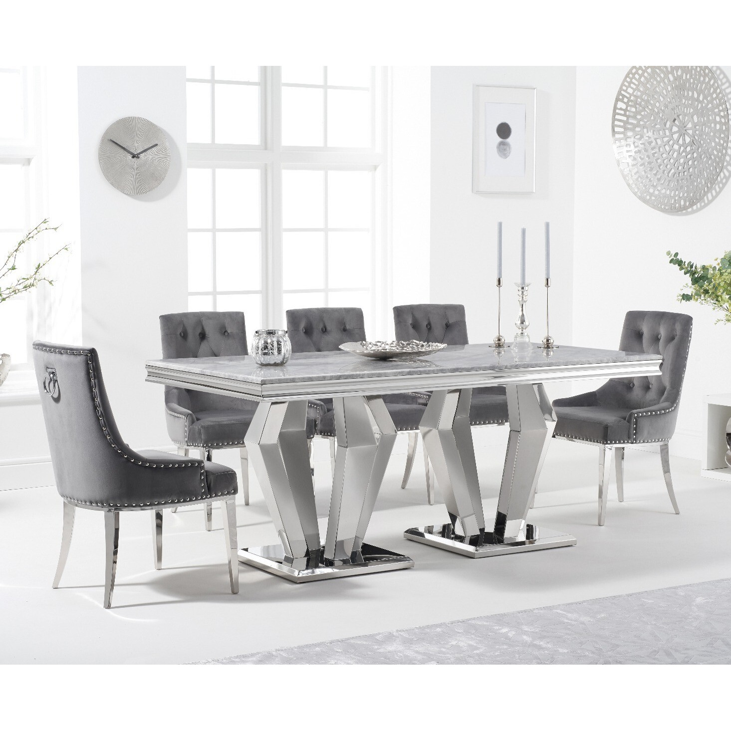 Viscount 180cm Marble Dining Table With 6 Grey Sienna Velvet Chairs by ...