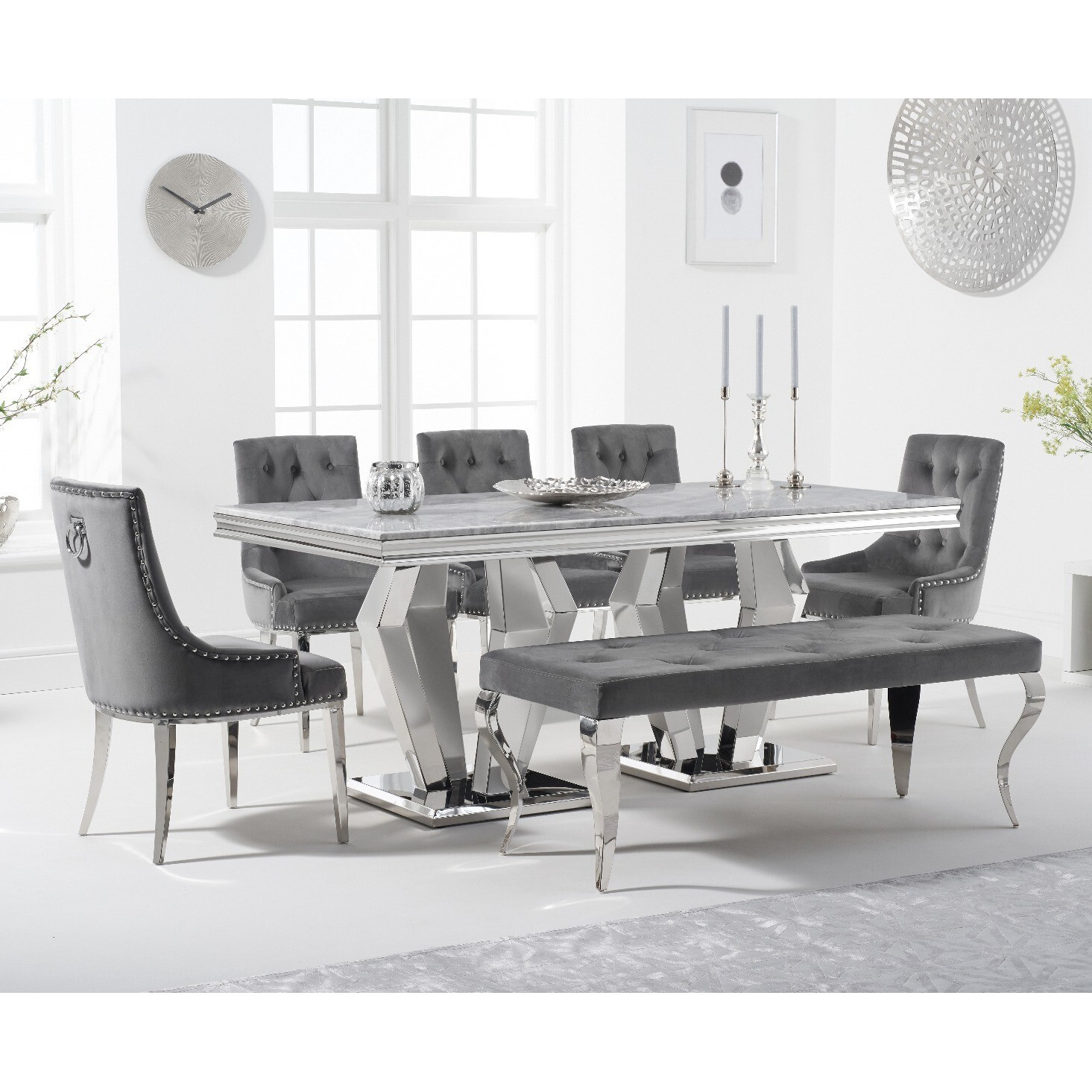 Viscount 180cm Marble Dining Table with Talia Velvet Chairs and Grey Fitzrovia Bench - Grey, 2 Chairs