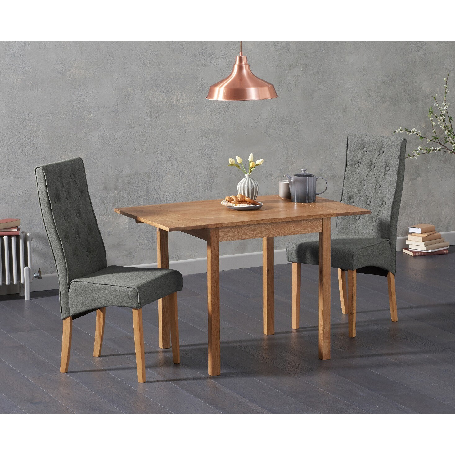 Extending York 70cm Solid Oak Dining Table With 2 Grey Maya Chairs by
