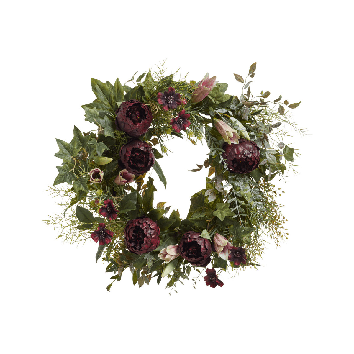 OKA, Faux Peony, Ivy, Cosmos & Casa Blanca Lily Wreath Purple / Green