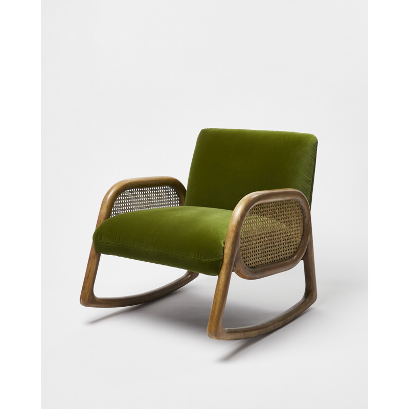 Loha Green Velvet & Rattan Rocking Chair by Oliver Bonas | ufurnish.com