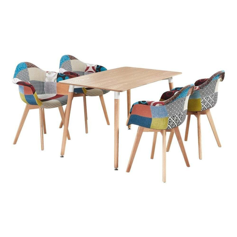 Patchwork Halo Dining Set Includes a Black Dining Table & Set of 4 Multicolour Fabric Chairs