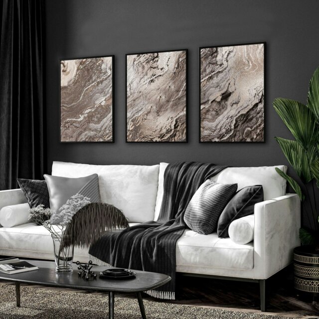 Rackhams Large wall art living room - set of 3 Marble wall art prints ...