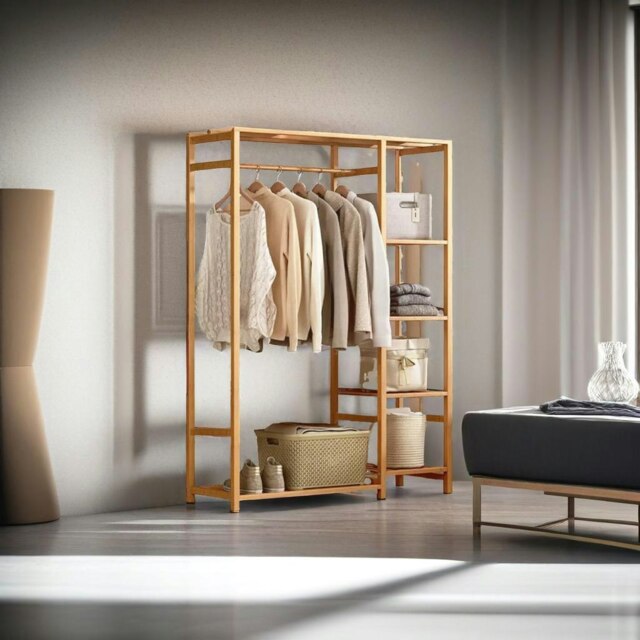Durnish Rack Rackhams Large Bamboo Garment Rack with Clothes Rail and Shelves by ...