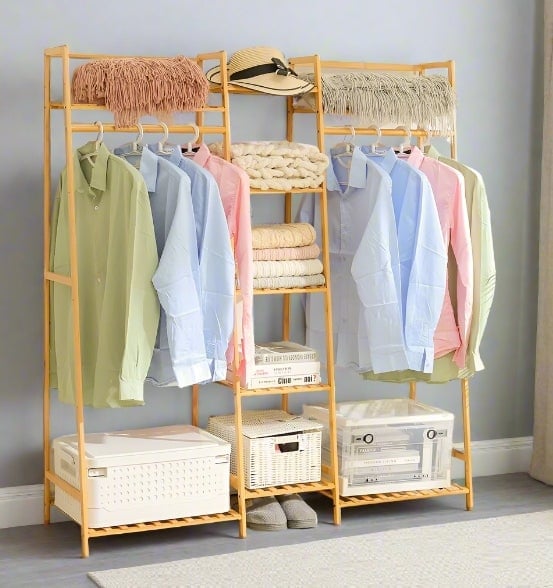 Durnish Rack Rackhams Heavy Duty Bamboo Clothes Rail Rack with Corner Storage ...
