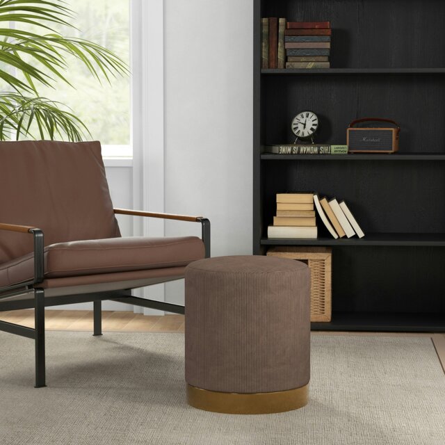 Rackhams Modern Round Footstool, Fabric Upholstered Foot Rest - Brown ...