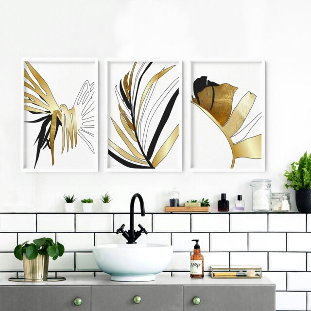 Rackhams Bathroom wall art uk - set of 3 Tropical Gold wall art - 16 x ...
