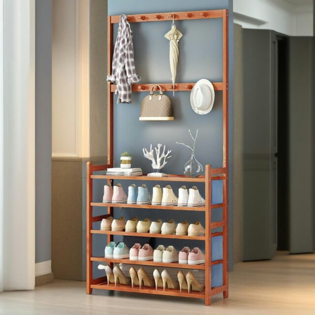 Durnish Rack Rackhams Bamboo Clothes Rack With 12 Hooks & 5 Tier Shoe Storage - by ...