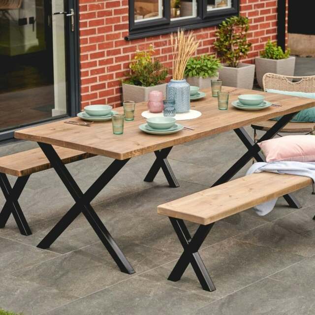 Photo inspiration: Fresh Look at Rackhams Bespoke Collection X Frame Rustic Wood Outdoor Dining Set
