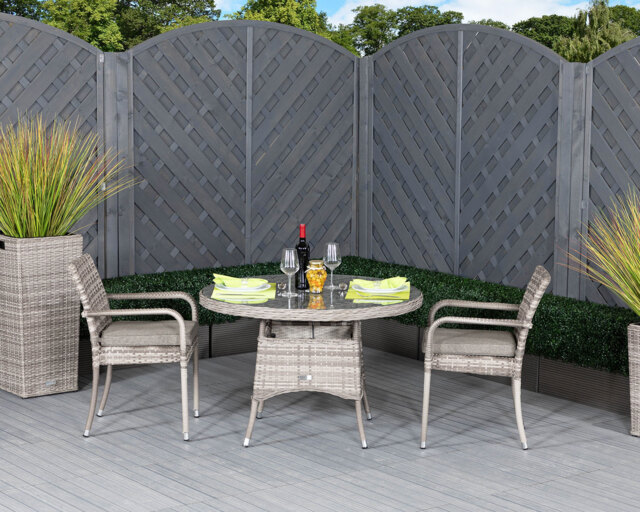 Small Round Rattan Garden Dining Table & 2 Stackable Chairs in Grey ...