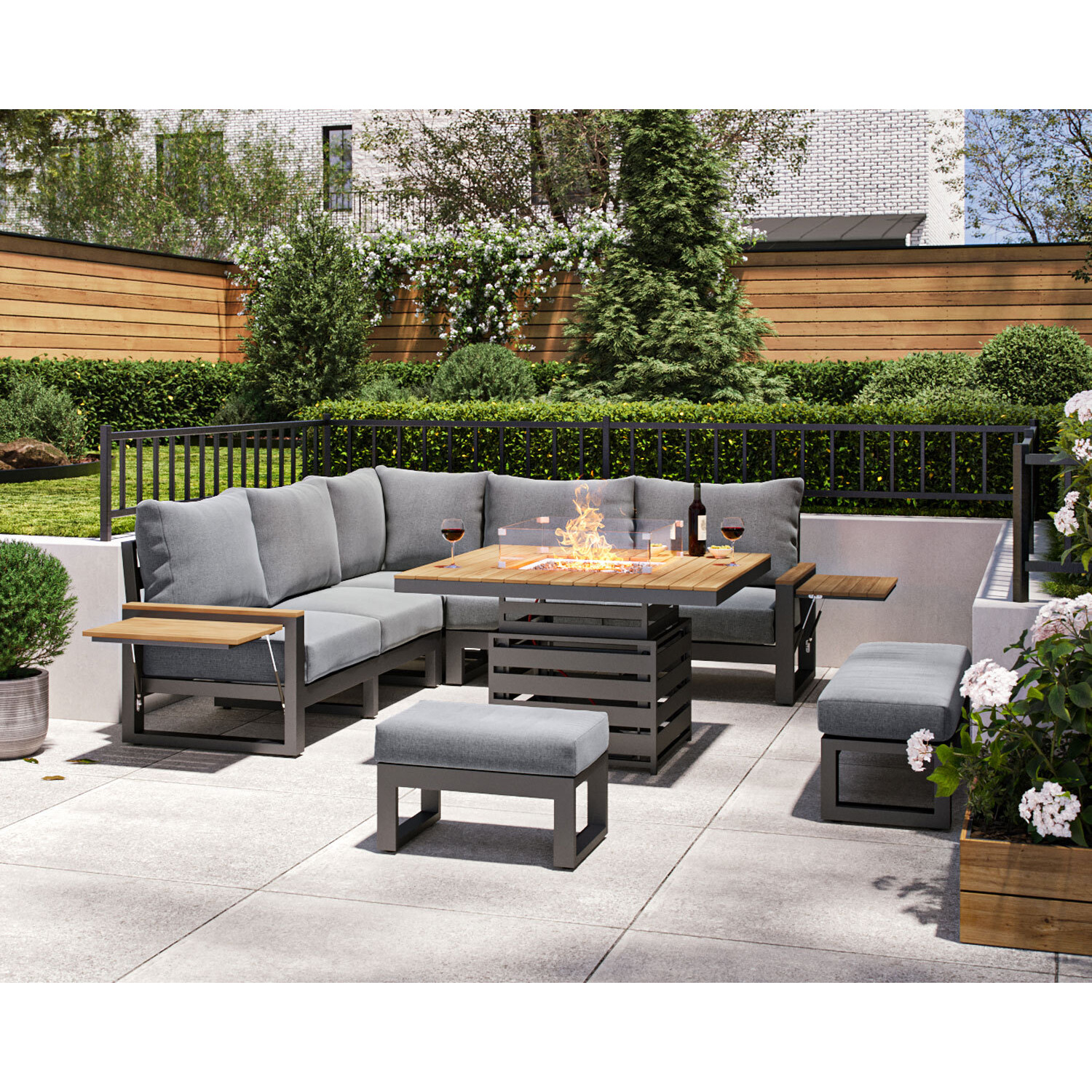 Aluminium & Teak Garden Corner Sofa Set with Adjustable Fire Pit Table