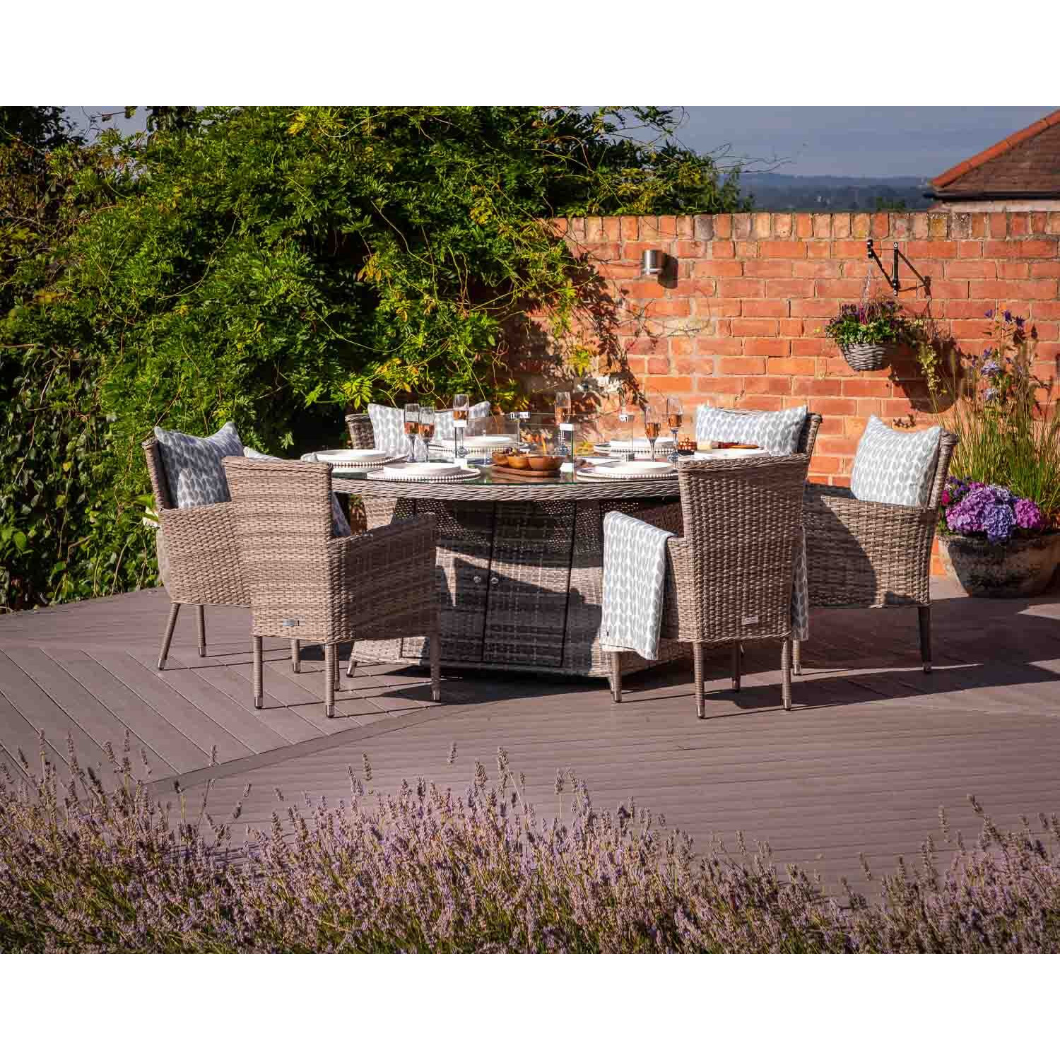 6 Seat Rattan Garden Dining Set With Large Round Table in Grey With