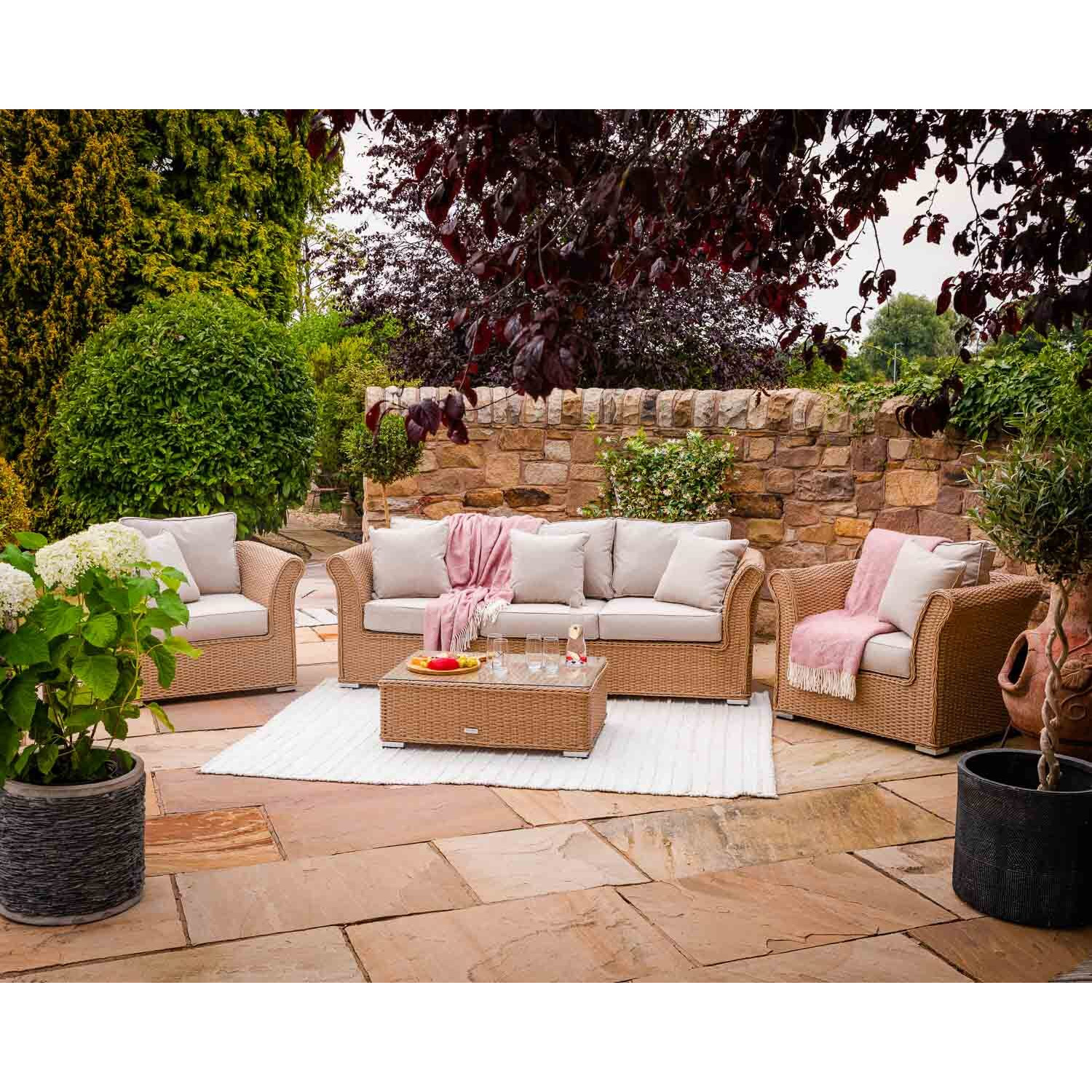 3 Seater Rattan Garden Sofa & Armchair Set in Willow - Lisbon - Rattan ...