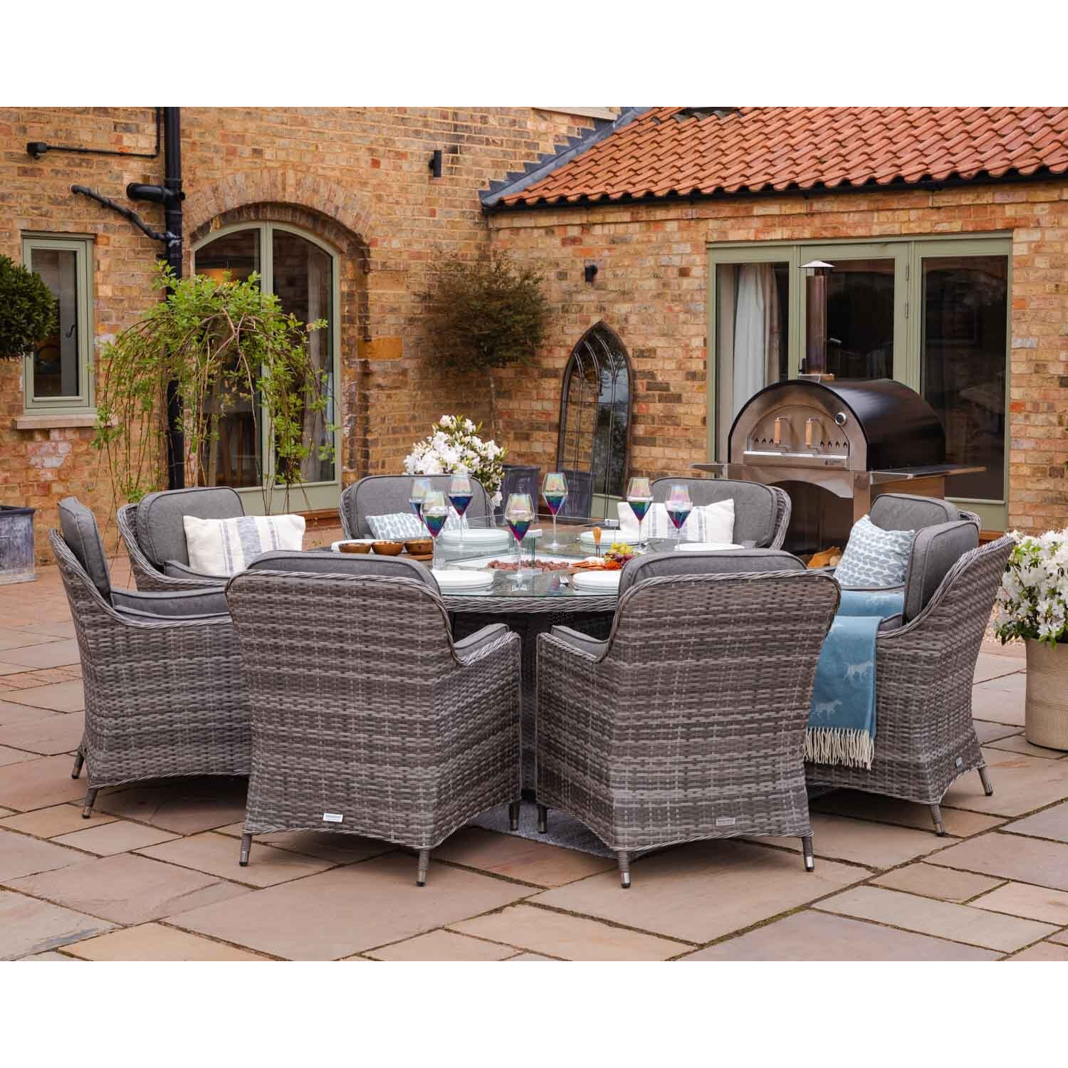 8 Seater Rattan Garden Dining Set With Large Round Table in Grey With ...