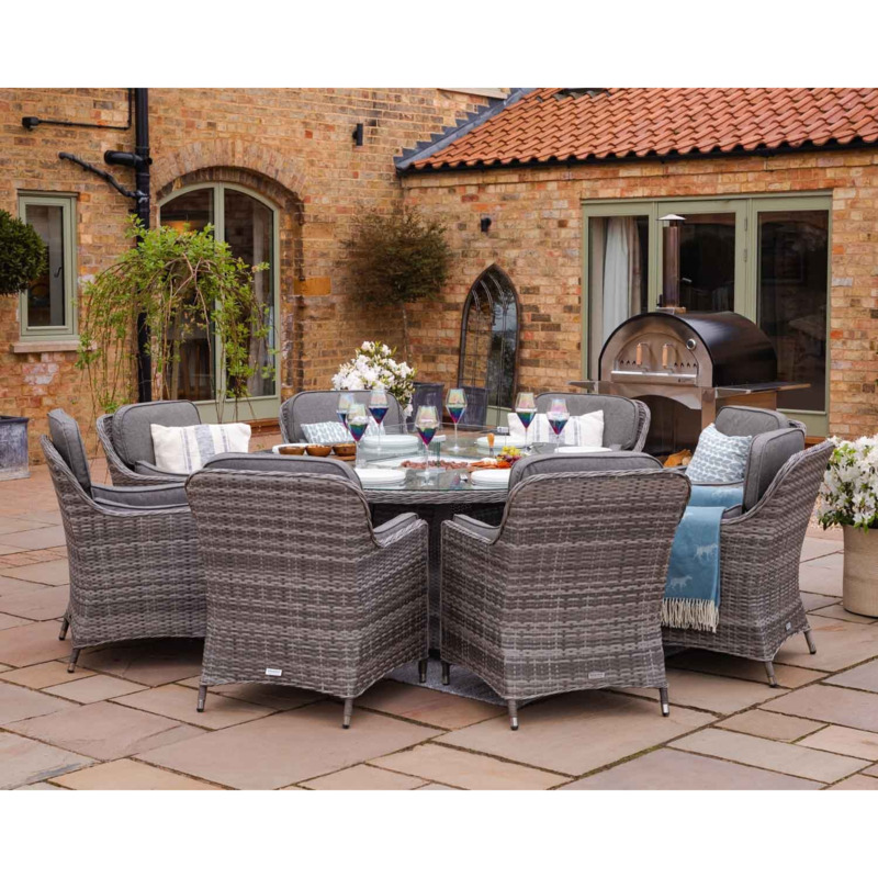 8 Seater Rattan Garden Dining Set With Large Round Table in Grey With