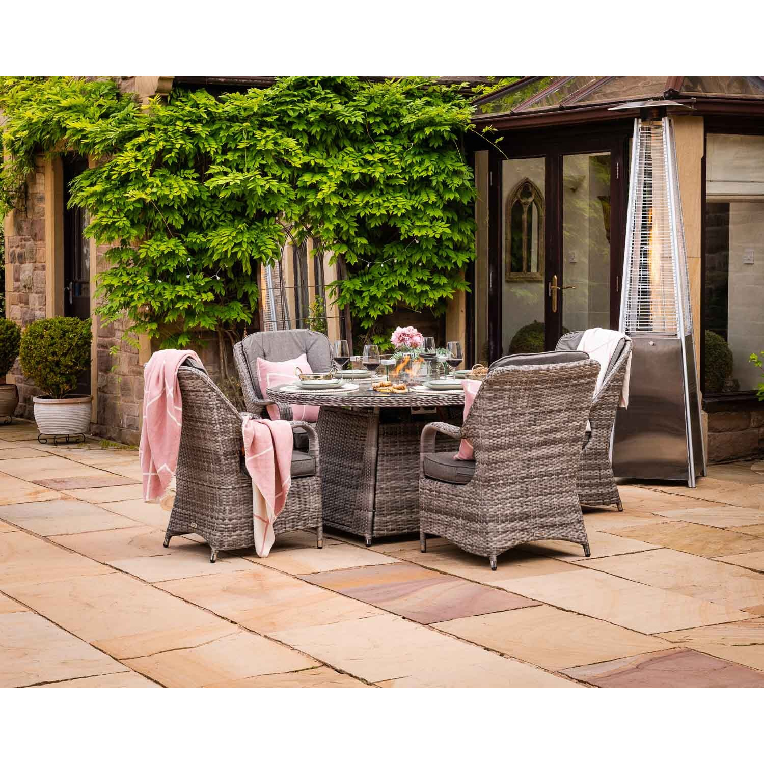 4 Seat Rattan Garden Dining Set With Round Table in Grey With Fire Pit Marseille Rattan