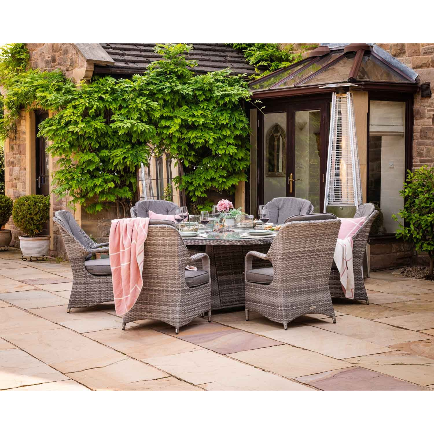 6 Seat Rattan Garden Dining Set With Large Round Table in Grey With