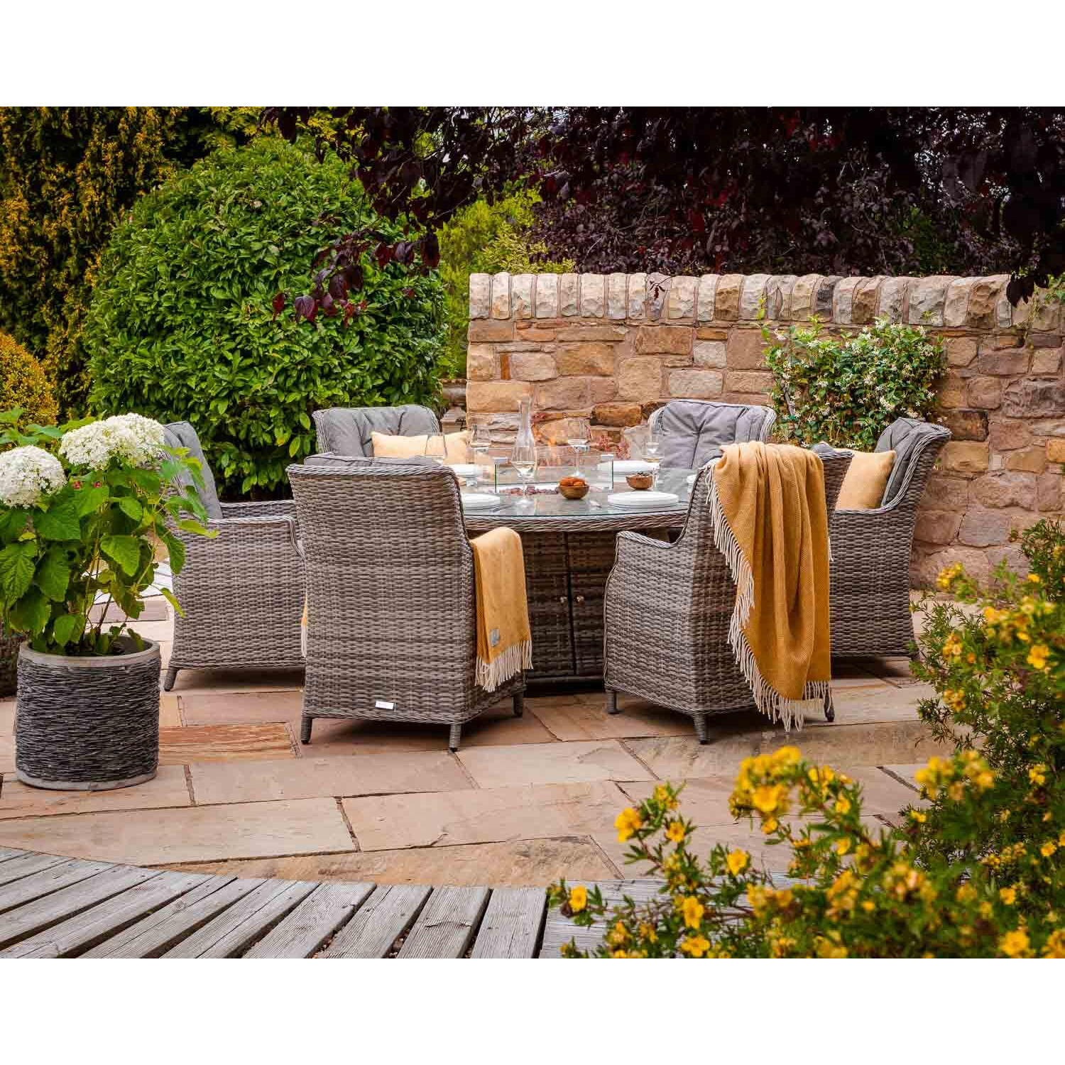 Rattan Garden Set with 6 Chairs & Large Round Fire Pit Dining Table in
