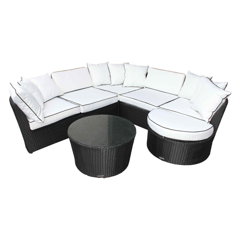 Rattan Garden Curved Corner Sofa Set in Black & White Valencia