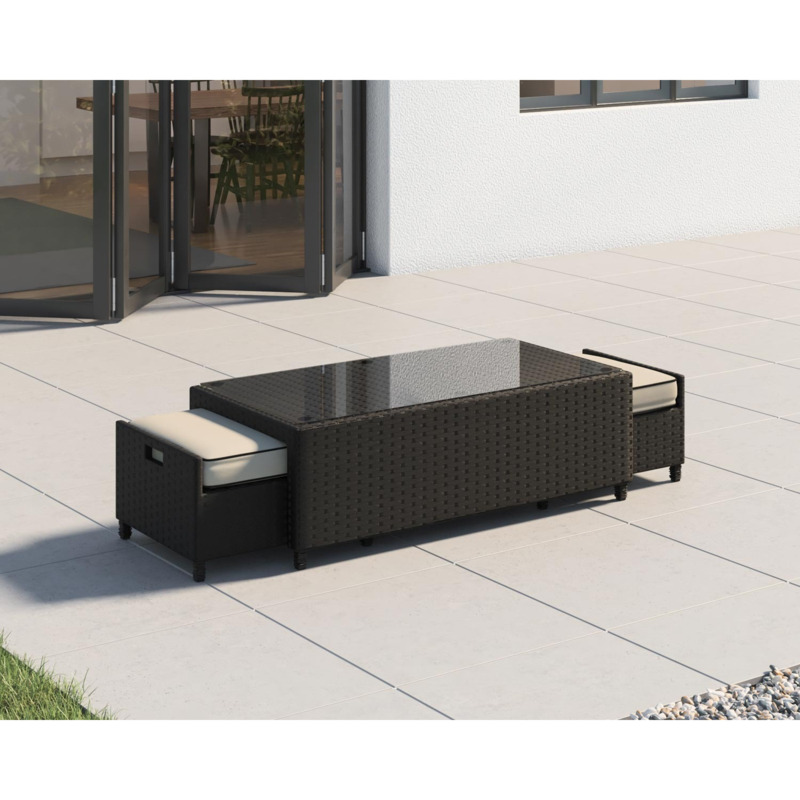 Rattan Garden Coffee Table with 2 Footstools in Black & White Ascot