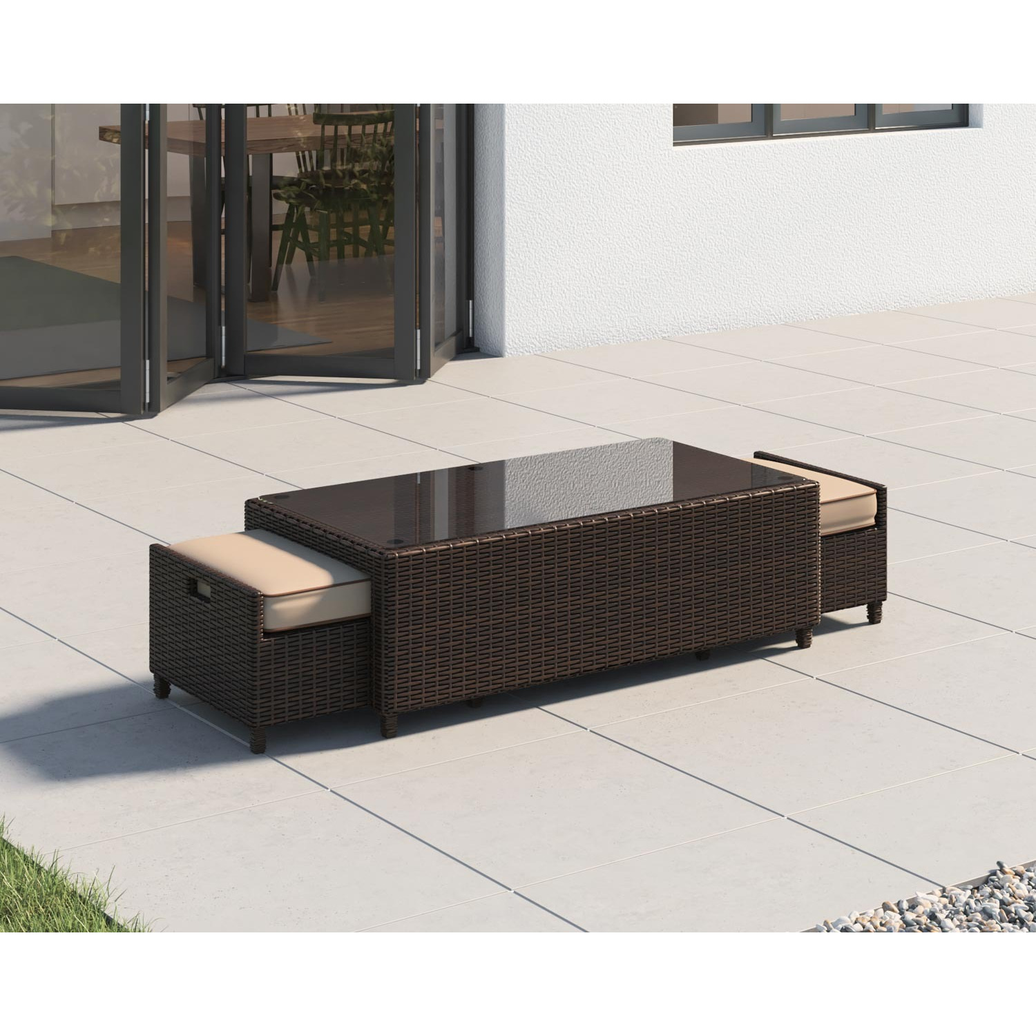 Rattan Garden Coffee Table with 2 Footstools in Brown Ascot Rattan