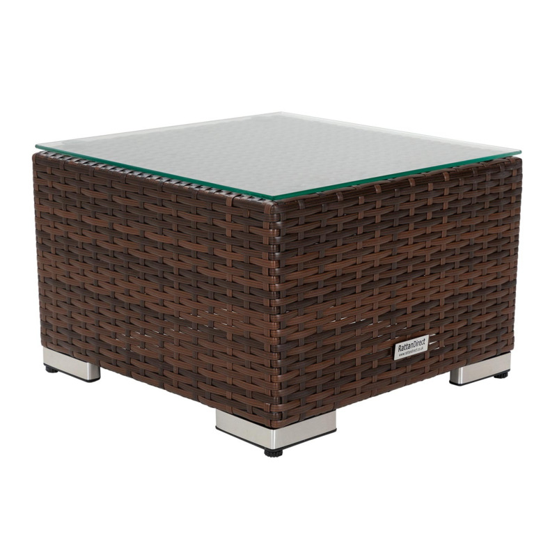 Small Square Rattan Garden Side Table in Brown With Glass Top Rattan