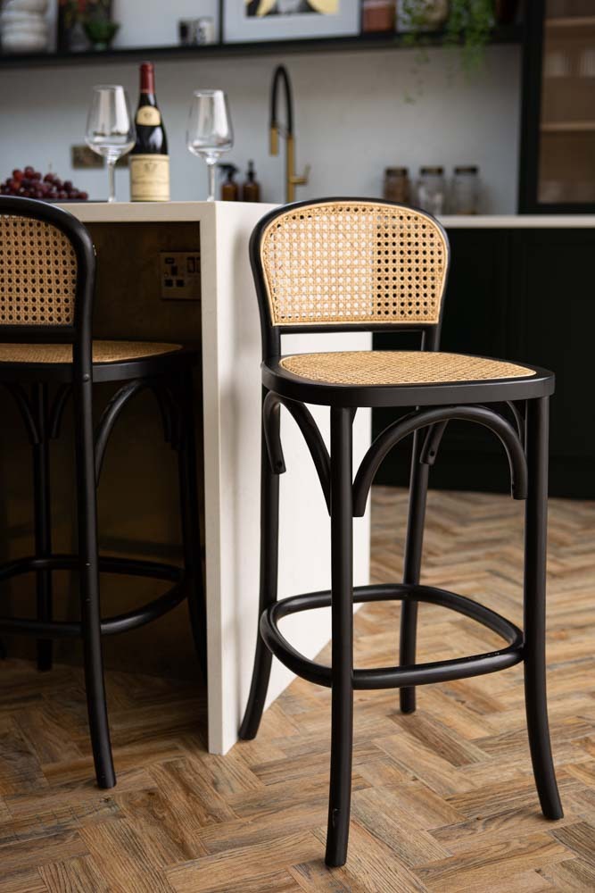 Chez Pitou Black Wood & Woven Cane Bar Stool by Rockett St George