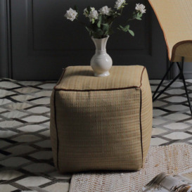 Square Rattan Pouffe with Leather Trim