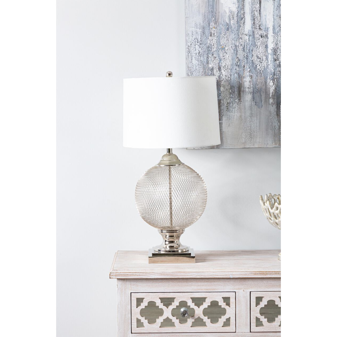 ScS Living Garcia Wire Mesh Table Lamp with White Linen Shade by SCS