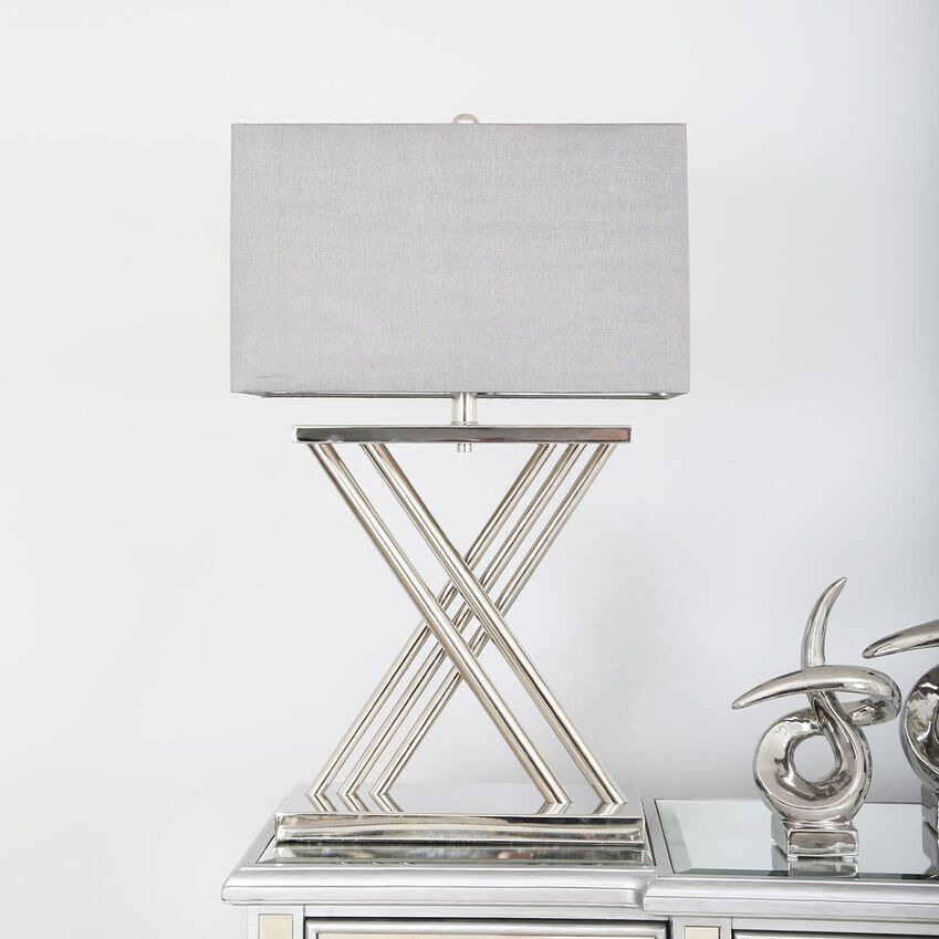 ScS Living Cloud Silver X Design Table Lamp with Grey Silk Shade by SCS