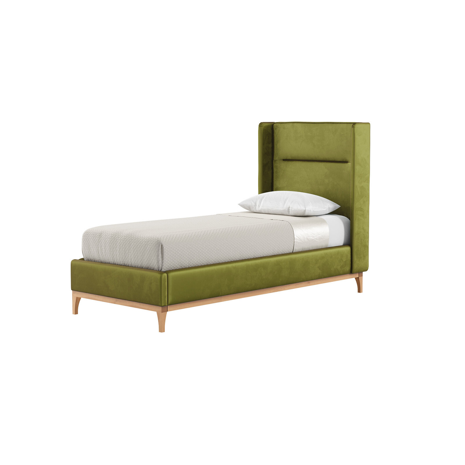 Gene 3ft Single Bed Frame with modern horizontal stitch wing headboard, olive green, Leg colour