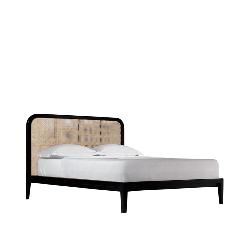 Swoon Raphia MidCentury Modern Double Bed Black Mango Wood