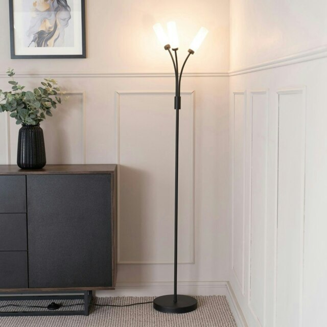 ValueLights Maya Matt Black 3 Way Curved Arm Reed Shaded Upright Floor ...