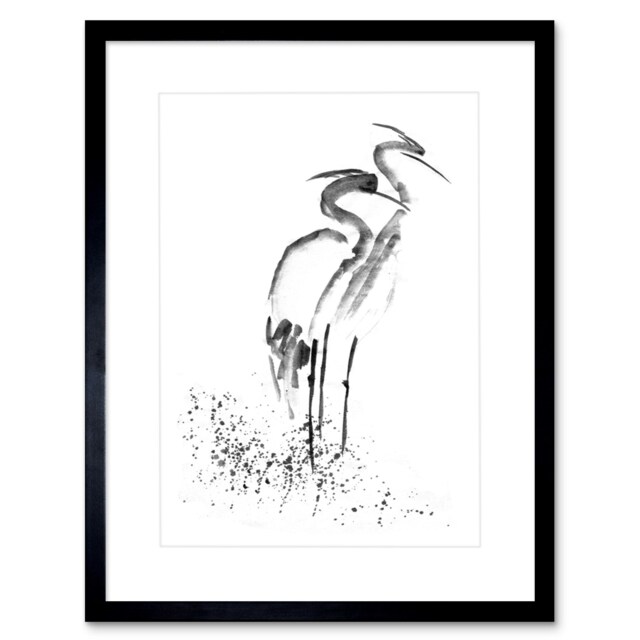 Quadro Con Cornice Wee Blue Coo – Airone, Disegno A Inchiostro, 23x18 Cm, Cornice In Legno (Nero/Marrone/Rovere/Bianco)