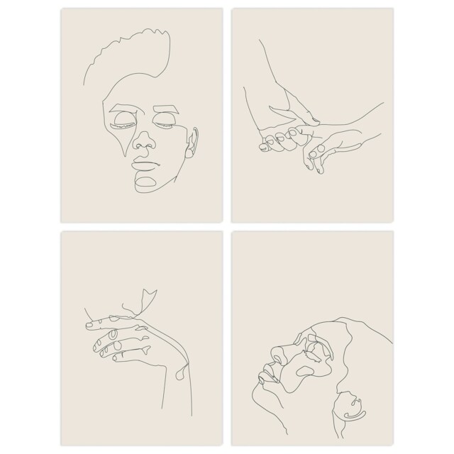 Set of 4 Minimalist Simple Line Drawing Faces Hands Black Cream Wall ...