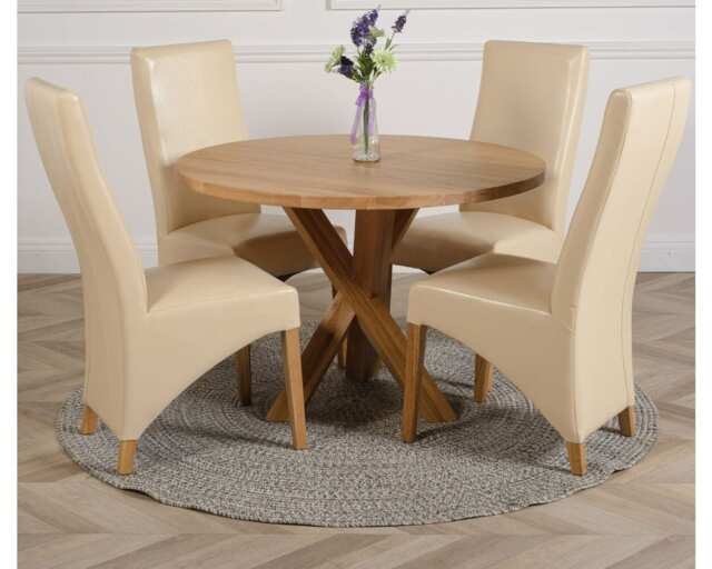 Oregon round oak dining table and 4 lola leather chairs cream cream 1 ...