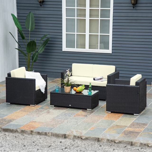 Outsunny 4 Pieces Outdoor PE Rattan Sofa Set with Cushions, Patio ...